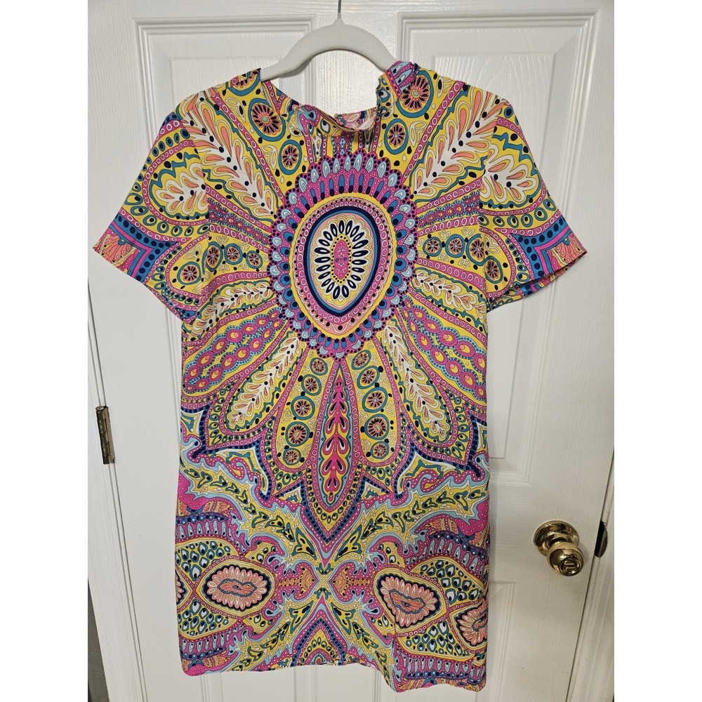 Alice & Trixie 100% Silk Shift Dress Colorful Mandala Paisley Print Boho Mod Lrg